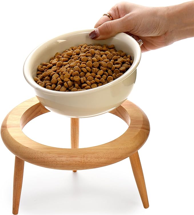 DEAYOU Ceramic Cat Bowl Adjustable, Tilted Elevated Raised Pet Dish, No Spill Pet Food Water Feeder, Slanted Dog Bowl with Wood Stand for Kitty, Pet Supplies, Stress Free, 600 ML/20 OZ, Cream White