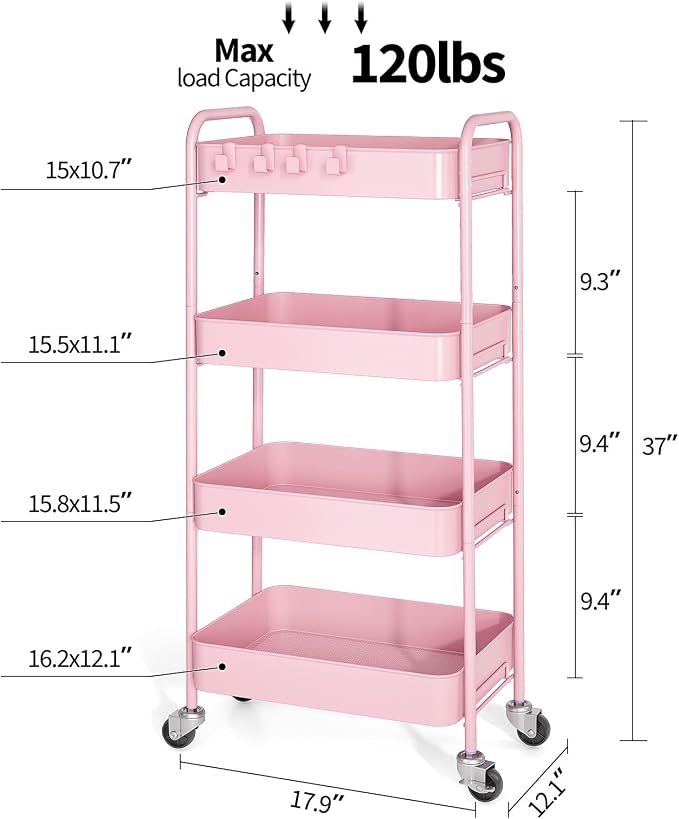 TOOLF 4 Tier Metal Rolling Cart, Utility Storage Cart with Wheels, Pink | Screwless Assembly, Lockable Metal Wheels, Trolley Organizer for Bathroom, Kitchen, Office, Dorm, Laundry, Craft Room