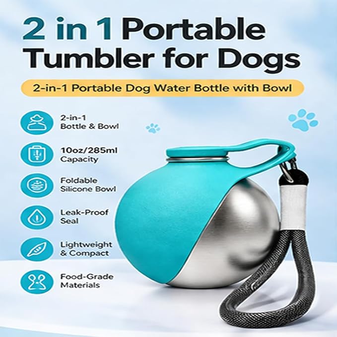 2 in 1 Portable Tumbler for Dogs, 2026 New 10Oz Stainless Steel Dog Water Bottle with Silicone Foldable Bowl, Leak-Proof 2 in 1 Portable Small Dog Water Bottle for Walking, Hiking & Travel (2PCS-Blue)