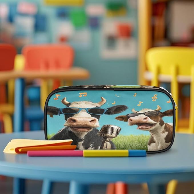Cute Pencil Case for Girls Boys, Two Music Cows Art Portable Pencil Bags Pouch Pen Case Organizer with Zipper for School College Office