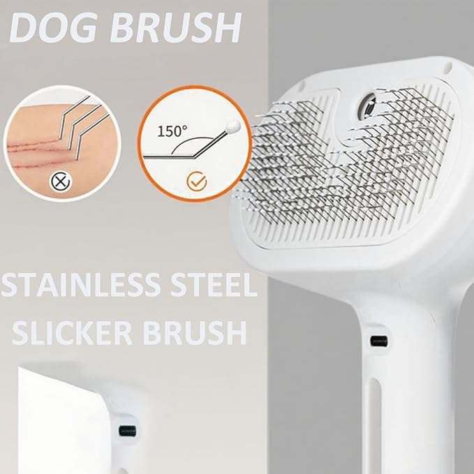 3-in-1 Self-Cleaning Steamy Pet Brush for Dogs & Cats, Fresh Fur Shower Brush That Removes Loose Hair, Reduces Shedding, Grooming Tool for Long & Short Hair, Wet or Dry Use (White)