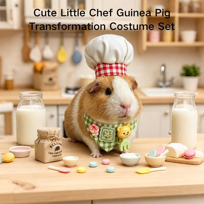 Small Pet Chef Costume Set, Hat & Bandana for Hamster Guinea Pig (Blue) | Cute Plaid Outfit Includes Chef Hat & Decorative Bandana, Soft Cotton‑Resin Material, Great for Photo Prop & Party Dress‑Up