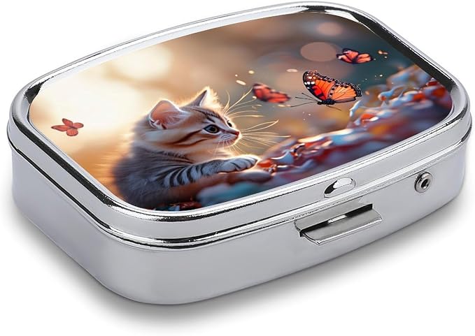 Kitten with Butterfly Durable Metal Pill Case for Daily Use, 2 Slot Medicine Box Organizer,Leak Proof Travel Pill Container for Vitamins, Compact Pocket Medicine Holder for Seniors,Holiday Gift