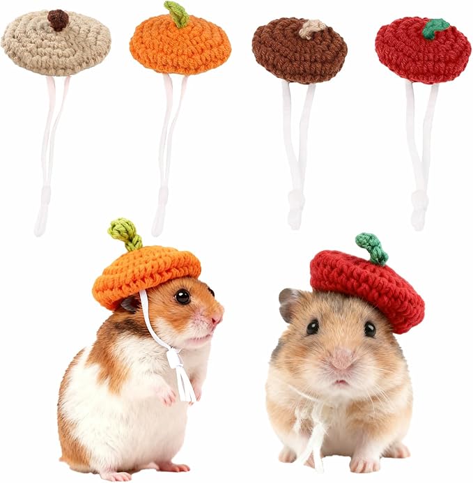 4 Pcs Hamster Hats Mini Party Hats for Small Animals, Cute Hand Knitted Beret Tiny Hats for Snakes Lizards Bearded Dragon Guinea Pig Bunny Reptile Hamster Pet Clothes Holiday Party Costume Accessories