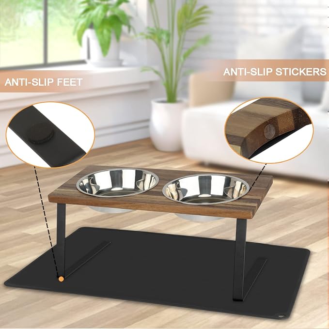 Aivituvin Elevated Dog Bowls, 15°Tilted Raised Cat Food Bowl, Walnut Wood Water Stand Feeder Set for Cats and Puppy, Pet Bowls with Anti Slip Mat(Medium)
