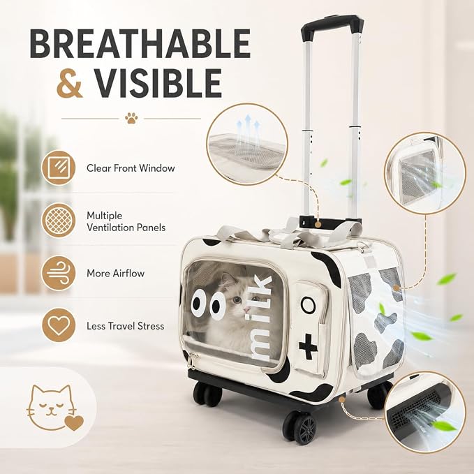 Pet Carrier with Wheels,Steel Wire Frame Cat Carrier,with Upgraded Wheels and Telescopic Handle,for Car Travel Bus Subway, Beige