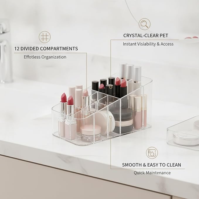 Cosmetic Organizer with 12 Compartments, Transparent PET Storage Box for Lipstick and Makeup, Vanity Countertop Caddy (1 PC)
