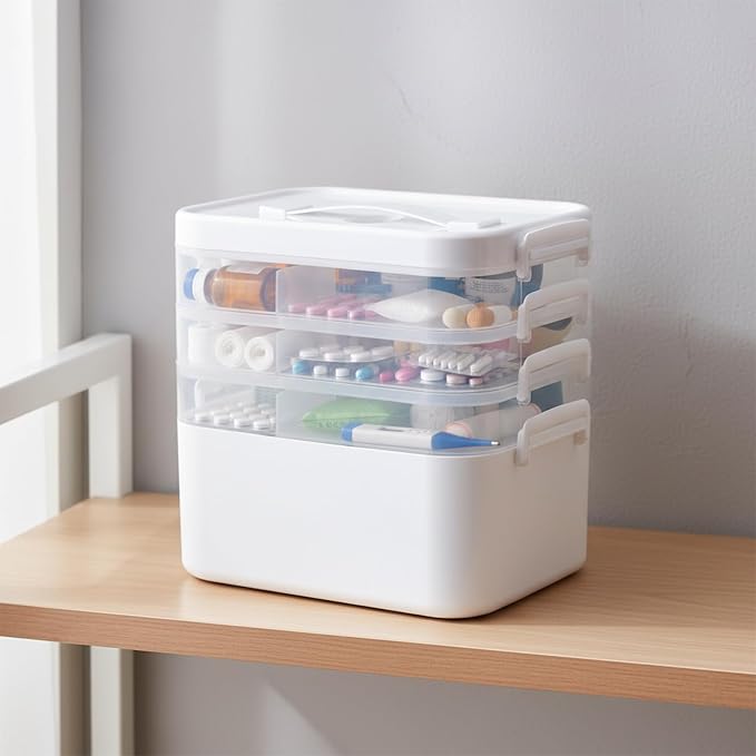 4-Tier Medicine Organizer, Medicine Cabinet Storage Box with 7 Day Pill Organizer 2 Times a Day, Stackable First aid Box with Hidden Handle, Home Organization Essentials