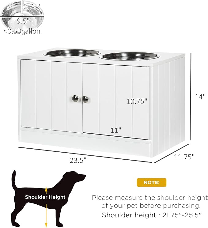PawHut Large Elevated Dog Bowls with Storage Cabinet Containing Large 44L Capacity, Raised Dog Bowl Stand Pet Food Bowl Pet Feeding Station, White | Raised Dog Bowl Stand, Pet Feeding Station