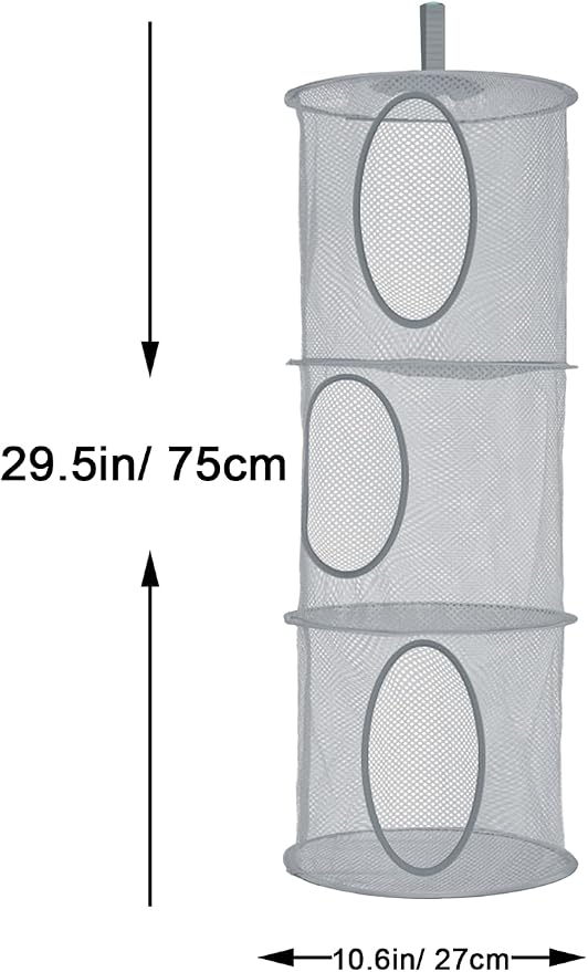 2Pcs Hanging Stuffed Animal Storage Hammock Net 3 Tiers, Grey | Hanging Mesh Storage Organizer for Kids Room, Holds Plushies, Gloves, Hats, Socks, Foldable Space-saving Design