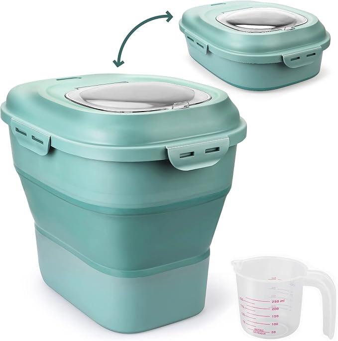 Viretec Cereal Rice Storage Containers, 20 to 50Lbs Collapsible Dry Food Dispenser Bins with Airtight Flip Lid Rolling Wheel, Kitchen Pantry to Store Sugar Flour, Dog Pet Cat Food Holder Container