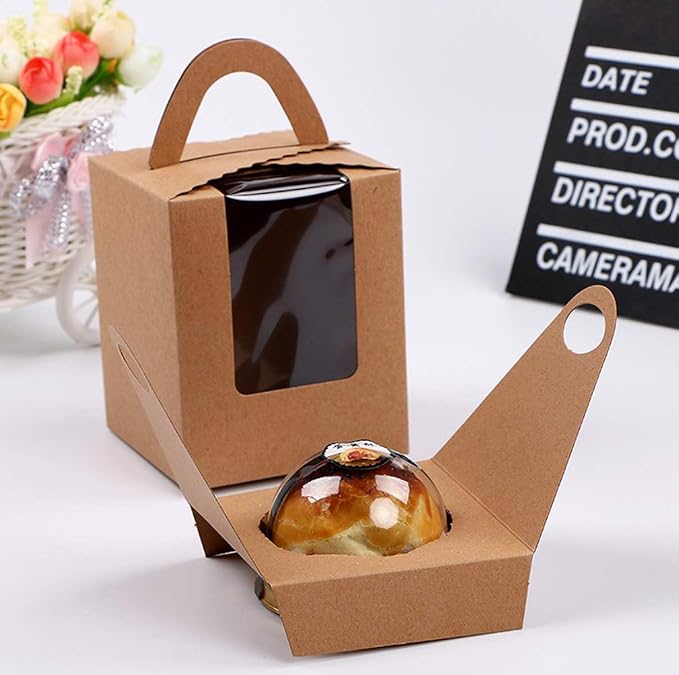 25 Pcs Single White Cupcakes Containers Gift Boxes with Window Inserts Handle for Wedding Candy Boxes (25P-Handle-Brown)