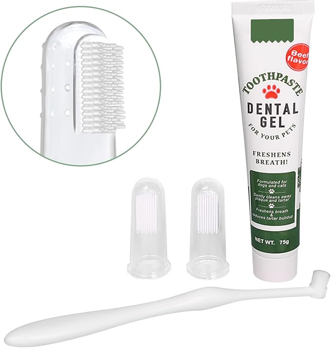 Pet Dog Tooth Brushing Kit - Dog Finger Toothbrush, 360° Toothbrush & Beef Flavor Toothpaste for Dogs Puppy Cats Teeth Oral Cleaning, Fresh Breath, Reduces Plaque & Tartar Buildup Dental Care Kit
