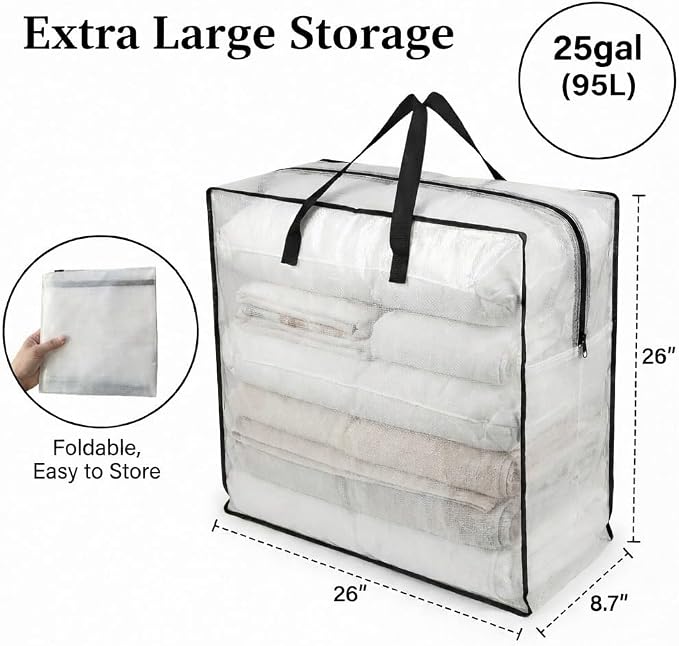 95L Underbed Storage Bag, Clear Foldable Bedding Organizer for Blankets, Comforters, Clothes, Pillows and Seasonal Items, Soft Under Bed Storage Container with Handles, 1 Pack