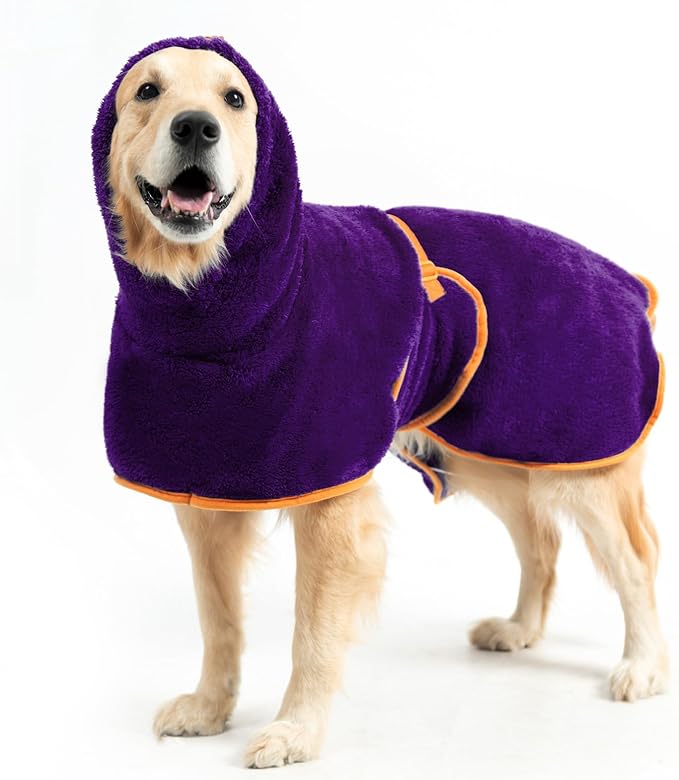 EXPAWLORER Soft Dog Bathrobe with Hood, Super Absorbent & Quick-Drying Dog Towels, Cozy Drying Coat for After Bath,Swimming, Purple L