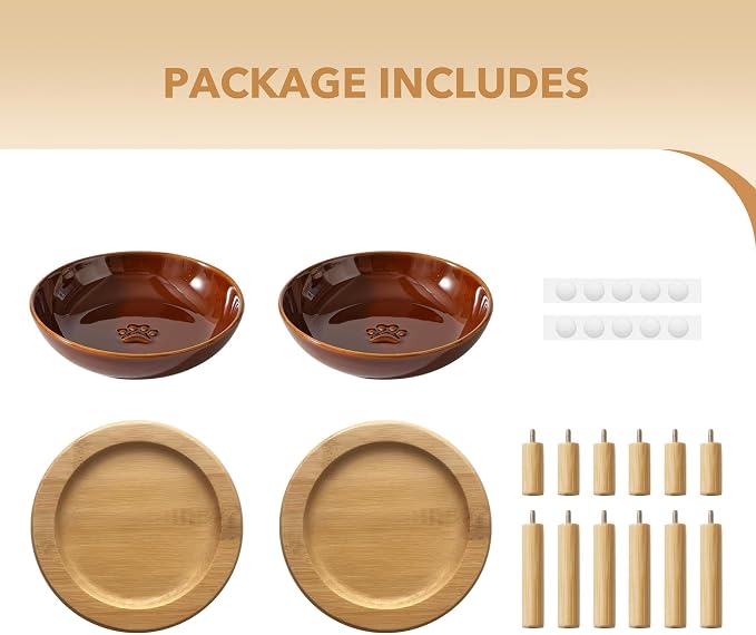 Havniva Elevated Cat Bowls, Ceramic Cat Bowl with Bamboo Stand Wide Opening | 5.7” Raised Cat Food Bowls, Whisker Friendly Cat Dish, Anti-Slip Cat Water Bowls, Shallow Cat Bowls, Cat Food & Water Bowl