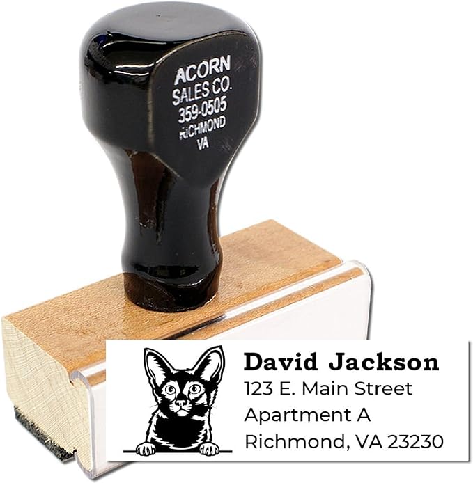 Peeking Javanese Cat Wood Handle Address Stamp - 4 Lines of Custom Text | Personalised Address Stamp for Cat Owner Gifts. Rectangular imprint. Javanese Cat Address Stamp for Envelopes.