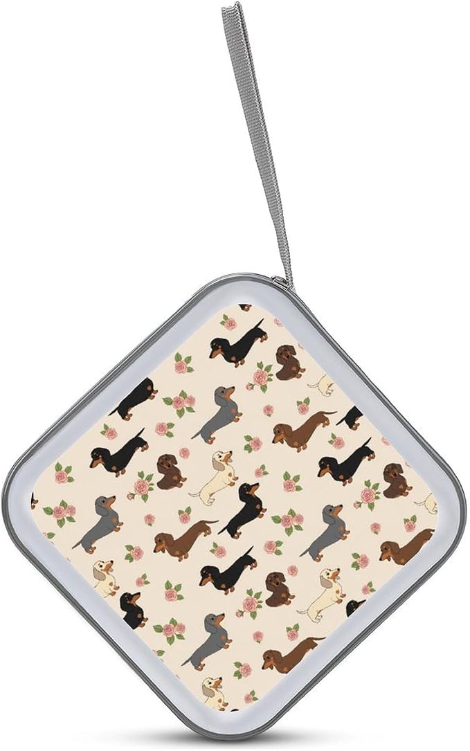 Hard Shell DVD CD Organizer Cute Dachshund Floral, 40-Disc Storage Binder with Zipper Closure, Portable Protective Case for Travel Home