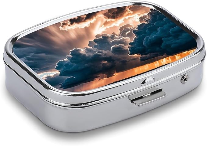 Magnificent Rainstorm Cloud Pill Box 2 Compartment Medicine Pill Case Portable Pill Organizer for Pocket Or Purse Decorative Metal Medicine Vitamin Organizer