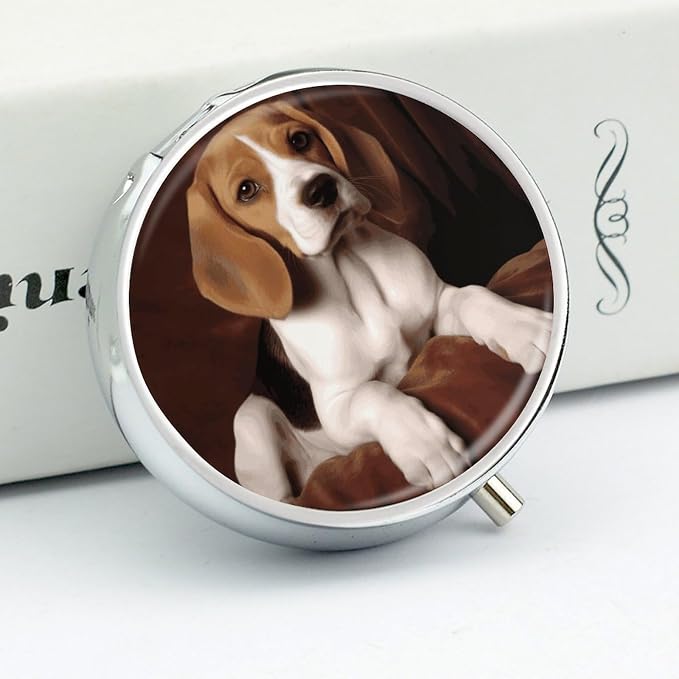 Ovely Pet Dog Beagle Pill Box 3 Compartment Round Travel Pill Case | Metal Mini Pill Organizer for Travel, Easy-Open, Fits Pocket/Purse, Small Pill Container for Vitamins Fish Oil & Supplements