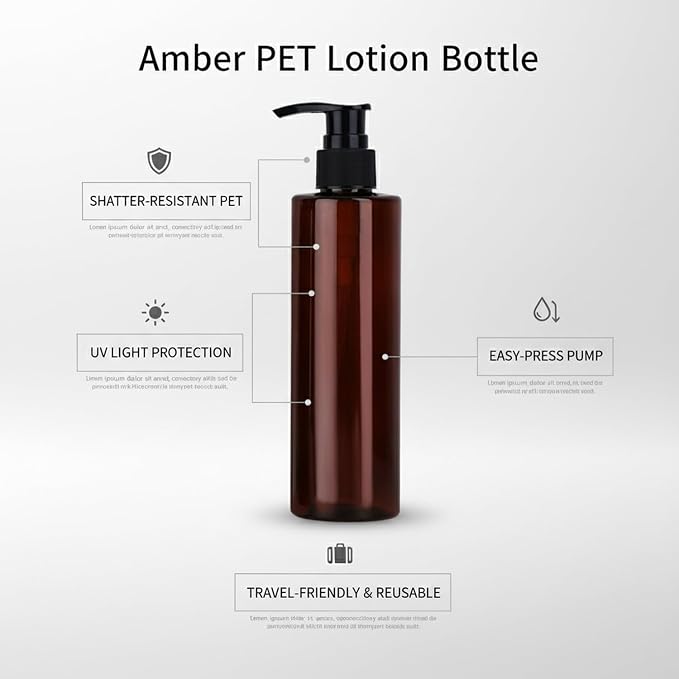 Amber PET Lotion Pump Bottle, Durable Refillable Dispenser for Travel & Shower, Black Finish (1 Count)