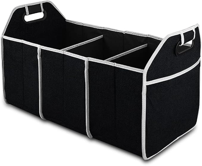 8sanlione Car Trunk Organizer, 3 Compartments, Foldable Storage Bag, Black2 | For sedans, SUVs, vans, woven fabric shell, side grips, light-item sorting, wipe-clean care, automotive interior accessories