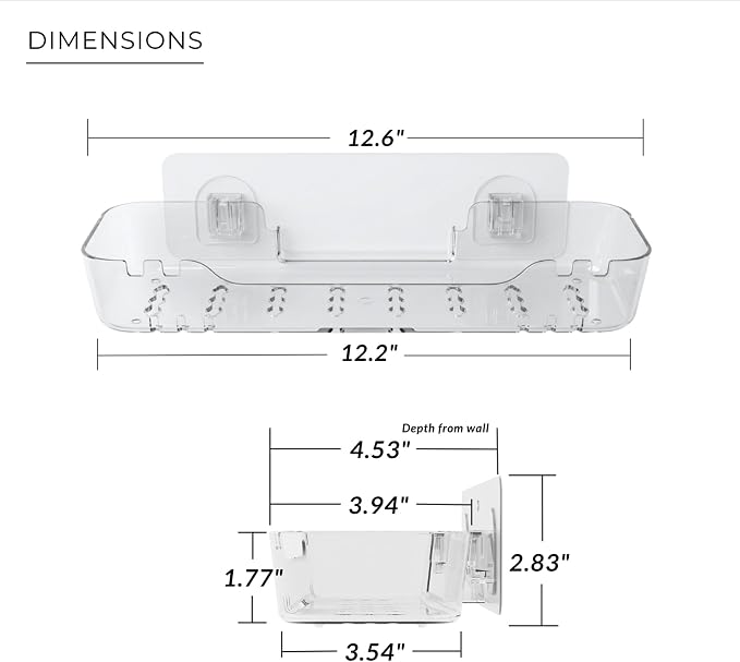 Acrylic Shower Shelf, Clear, 12.2" x 3.54" x 1.77" | Adhesive, No-Drill, Bathroom Wall Shelf, Slim Organizer, Fast Drainage for Shower & Sink Toiletries