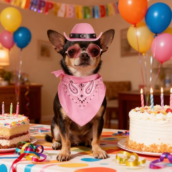 Cowboy Costume Set for Small Dog Cat Pet Mini Cowboy Hat Sunglasses with Bandana for Halloween Holiday Party Cosplay (Pink)
