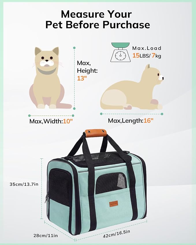 Morpilot Cat Carrier Soft for Large Medium Cats and Puppy up to 20lbs | with Dual-Sided Cushion, Secure Buckle and Foldable Bowl, Dog Carriers for Small Dogs - Pet Carrier (Green)