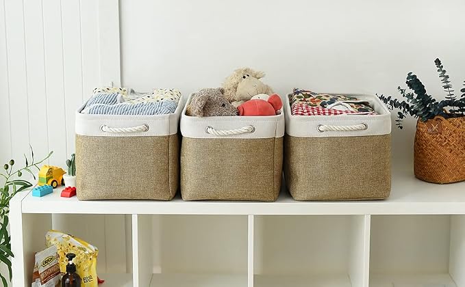 Organization and Storage Basket for Gifts Empty - 16x12x12 inch Cube Storage bin 3 Pack Fabric Storage Cubes, Collapsible Baskets for Organizer Closet Cloth Gift Toy (White & Khaki)