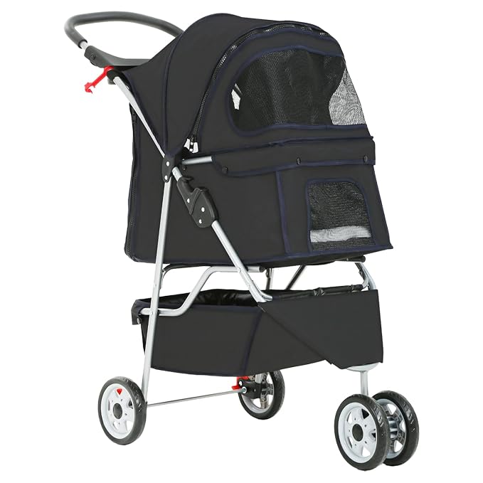 Pet Stroller Dog Stroller Portable Travel 3 Wheel Foldable Cat Stroller with Storage Basket and Cup Holder for Small and Medium Cats,Dogs,Puppy,Black