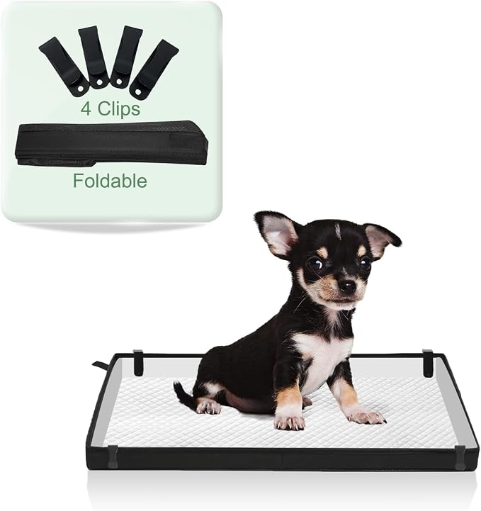 HQ4US 4LEGS Small Portable Dog Pee Pads Holder for Travel, Puppy Pad Holder Foldable Liner Base 23''x15'' Training Pad Holder with Fixing Clips, Dog Litter Box Waterproof, Easy Clean,Indoor Dog Potty