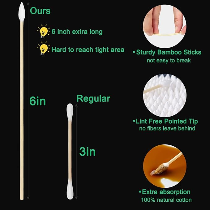 6 Inch Pointed Tips Cotton Swabs - Long Wooden Stick Cotton Buds Pointed Cotton Swabs With Case - Cotton Tipped Applicators For Makeup, Cleaning Gun, Electronics, Hard To Reach Area(400 count)