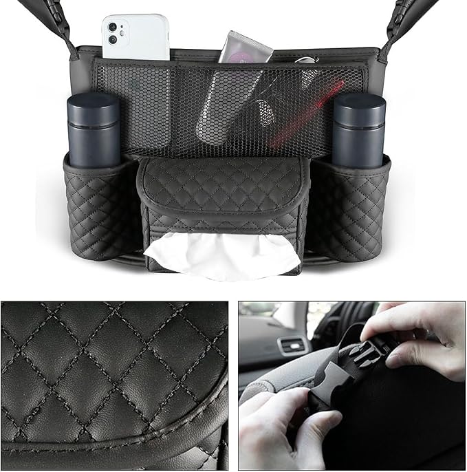 Car Handbag Holder Between Seats Car Organizer, Leather Large Capacity Car Purse Holder for Front Seat, Seat Back Net Bag Double-sided Tissue Storage Handbag Holder Car Accessories (Beige)