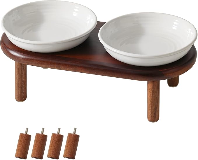 Havniva Elevated Cat Bowls, Ceramic Cat Bowl with Wood Stand, Wide Opening | 5.7” Raised Cat Food Bowls, Whisker Friendly Cat Dish, Anti-Slip Cat Water Bowls, Shallow Cat Bowls, Cat Food & Water Bowl