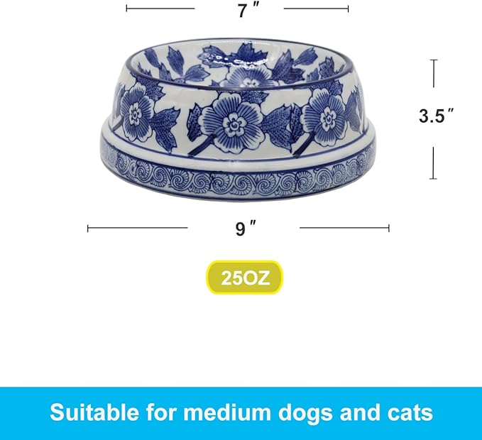 Aimusego Blue and White Cute Heavy Duty Non-Slip Chinoiserie Ceramic Pet Bowl Food/Water Dish for Large Puppies, Cats, Retrievers, Medium Sized Dogs-9inch