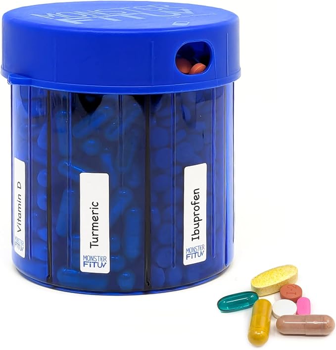 XL Supplement Pill Dispenser Bottle, 7 Compartment, Labels, Easy Open, Anti-Mixing, UV Protected Organizer, Extra Large Monthly Vitamin, Monster Fit Medication Holder (Cobalt Blue, Large) (Pack of 3)