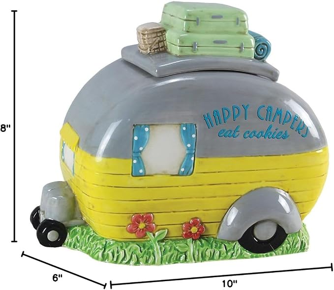 Young's Inc Ceramic Happy Campers Cookie Jar for Kitchen Counter, RV, Camper & Cabin Decor, Rustic Woodland Cookie Storage Container with Lid, 9.5 x 5.75 x 7.5 Inch