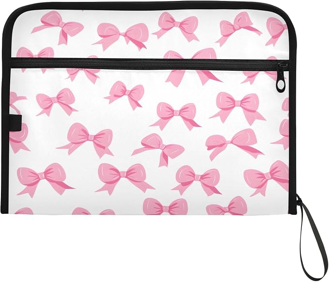 Pink Bow White Background Pattern 13 Pocket File Organizer Expanding File Folder with Front Pouch Portable Business File Storage Document Organizer Folder with Zipper