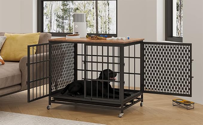 BOINN 42 inch Extra Large Dog Crate Furniture with Removable Trays, 3 Doors, 4 Wheels & 5 Locks - for Medium and Large Dogs
