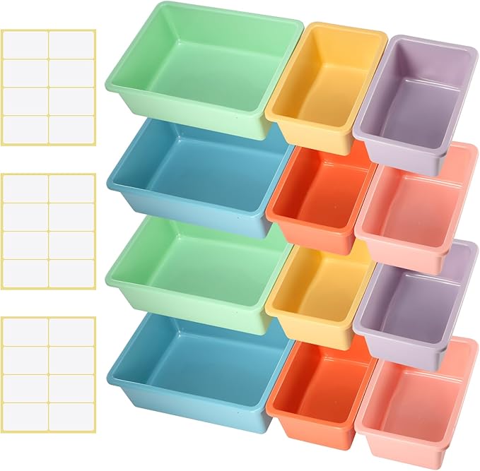 Zonon 12 Pcs Plastic Cubby Bins Office Storage Container Storage Bins Plastic Organization with 1 Pack Self Adhesive Label for Library Office Home Nursery(Pastel)