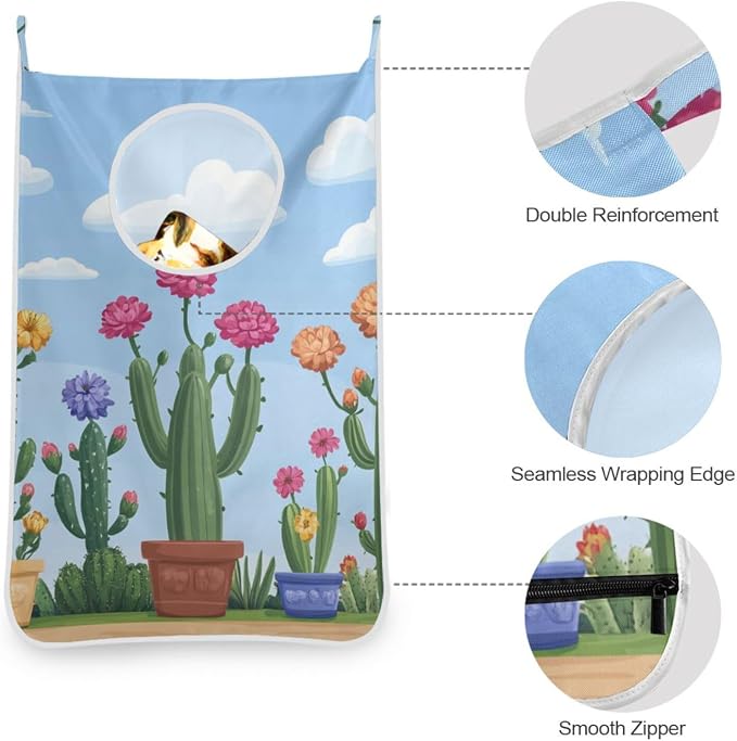 2PCS Hanging Laundry Hamper Bag Over the Door Laundry Hamper Wall Hamper Large Dirty Clothes Hamper with Stainless Steel Hooks 29.5x20Inch Blooming Carnations Cacti Cloud Blue