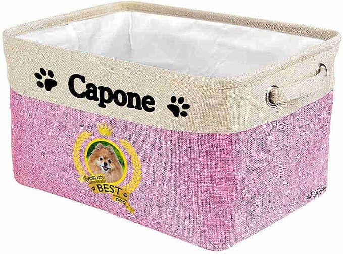 Custom Name Collapsible Dog Toy Storage Basket Bin World's Best Dog Pomeranian Spitz Foldable Pet Toy Box Closet Shelf Baskets Organizer for Bedroom Home Dog Cat with Handles Pink