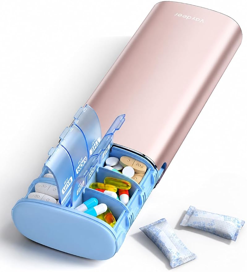 Vaydeer Metal 7 Day Travel Pill Organizer 2 Times a Day, Built-in Desiccant | AM PM weekly Travel Pill Case, Twice-Daily，Airtight Large Capacity Pill Box for Vitamins, Medication, Supplements & Fish Oil