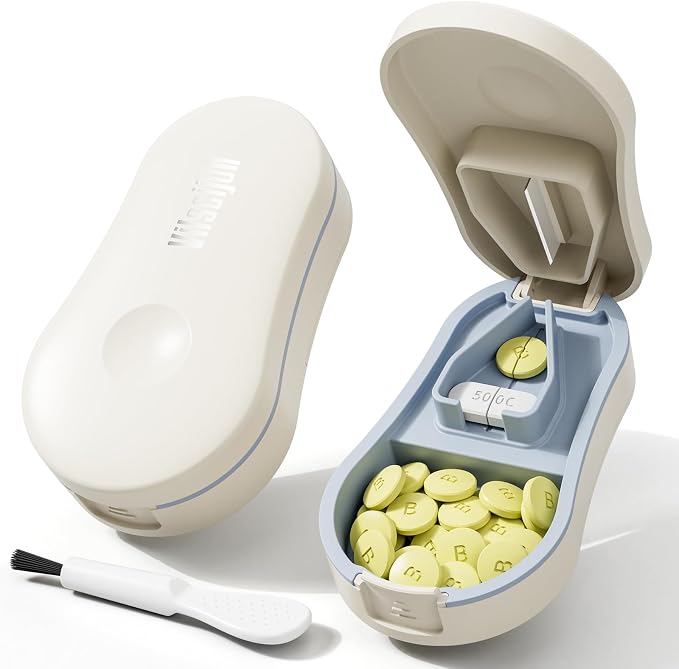 Pill Cutter for Small and Tiny Pills - Pill Splitter with Detachable Silicone Pad - Easy Open Snap Button. Wrap-Around Blade Guard Prevents Cuts. Back Storage (White)