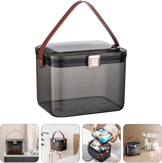 Garneck Large Dual Layer Medicine Organizer Box with Safety Lock | Home Desktop Storage, Easy Replenishment and Sorting, Pp Pet Pu Materials