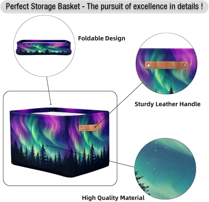 Storage Basket Northern Light Aurora Storage Cube Box Durable Canvas Collapsible Toy Basket Organizer Bin with Handles for Shelf Closet Bedroom Home Office