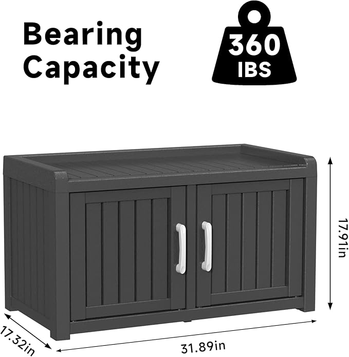 ROJIK Shoe Storage Bench, Shoe Cabinet Double Door, Black | Waterproof UV-Resistant,Storage Bench Indoor Outdoor with Adjustable Shelves,for Entryway Bedroom,Hallway,Living Room