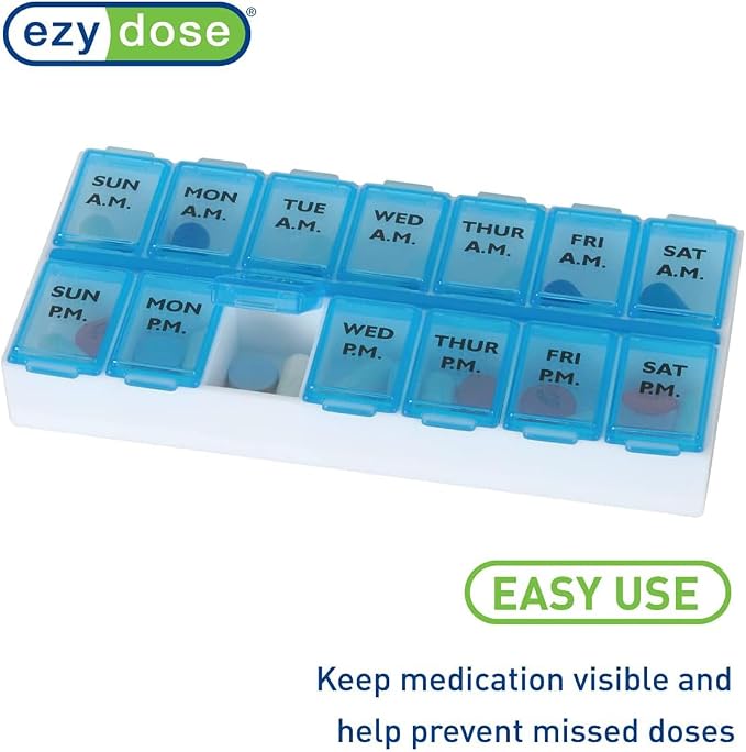 EZY DOSE Weekly AM/PM Daily Pill Case, Medicine Planner, Vitamin Organizer, Fish Oil Holder, Supplements Container, Medium Compartments, 2 Times a Day, Color May Vary (Randomly Selected), BPA Free
