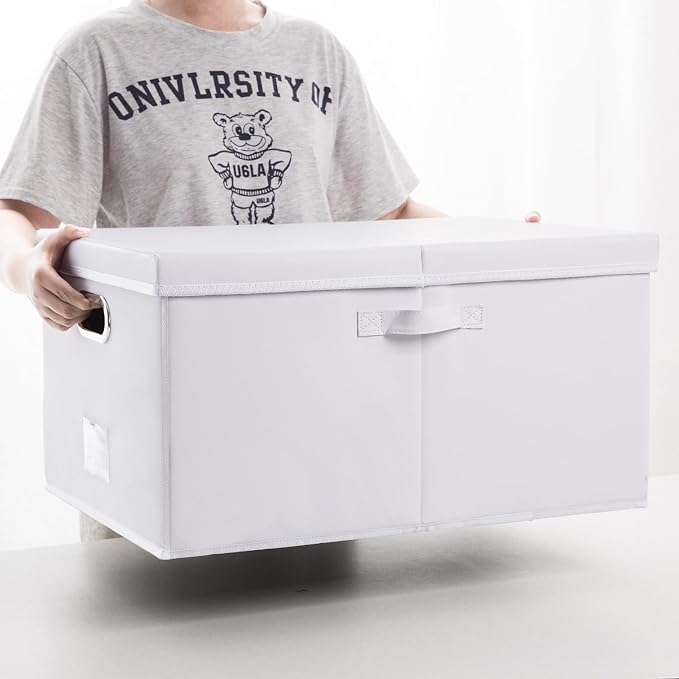 Collapsible Storage Box with Lid [1-Pack] Leather Fabric Foldable Storage Bin Organizer Container Basket Cube with Cover for Home Bedroom Closet Office Nursery White (22.8X15.7X11.8)